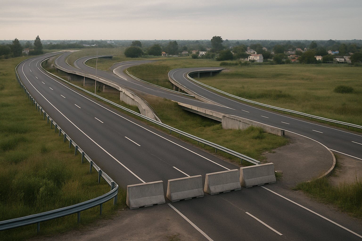 Vista aérea ilustrativa de una autopista en obra, con accesos bloqueados y viviendas suburbanas al fondo