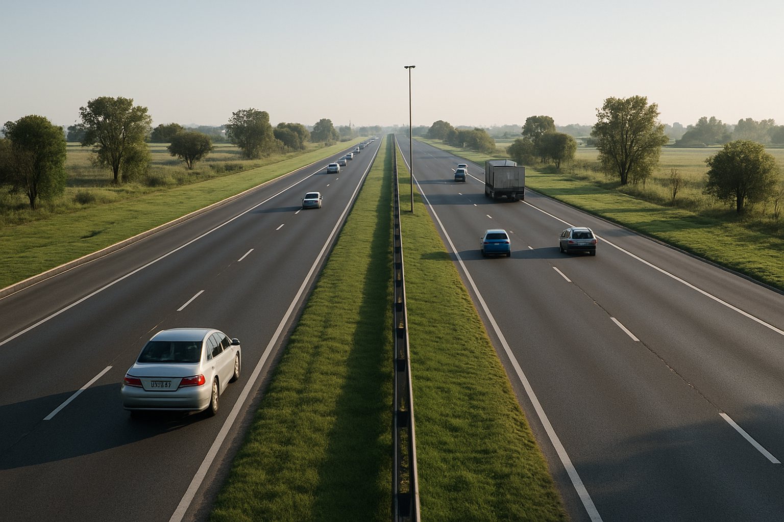 Autopista de doble calzada con autos y un camión, rodeada de vegetación en un paisaje bonaerense.