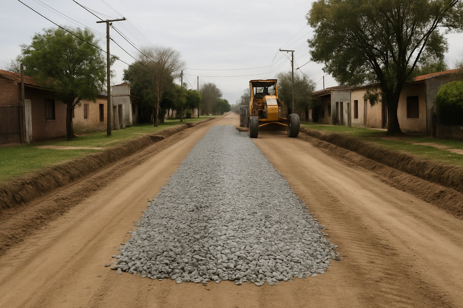 Imagen ilustrativa de una calle residencial con piedra partida y cunetas despejadas en un entorno de Luján.